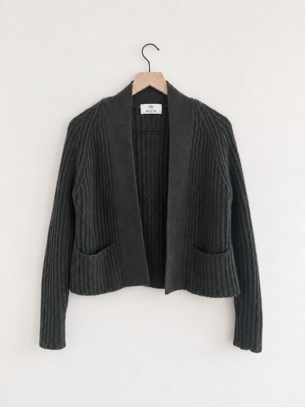 Allude Dark Khaki Green Ribbed Cashmere Open Cardigan XS